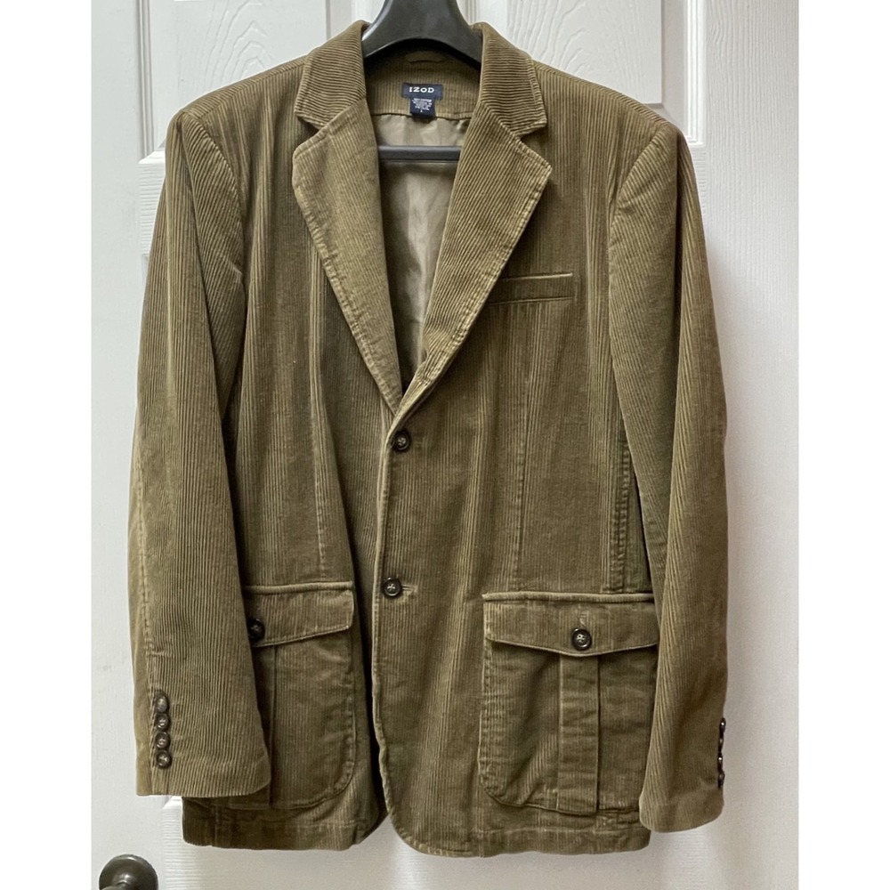 Izod Men's Tan Brown‎ Corduroy 2 Button Blazer Jacket Button Pockets Retro